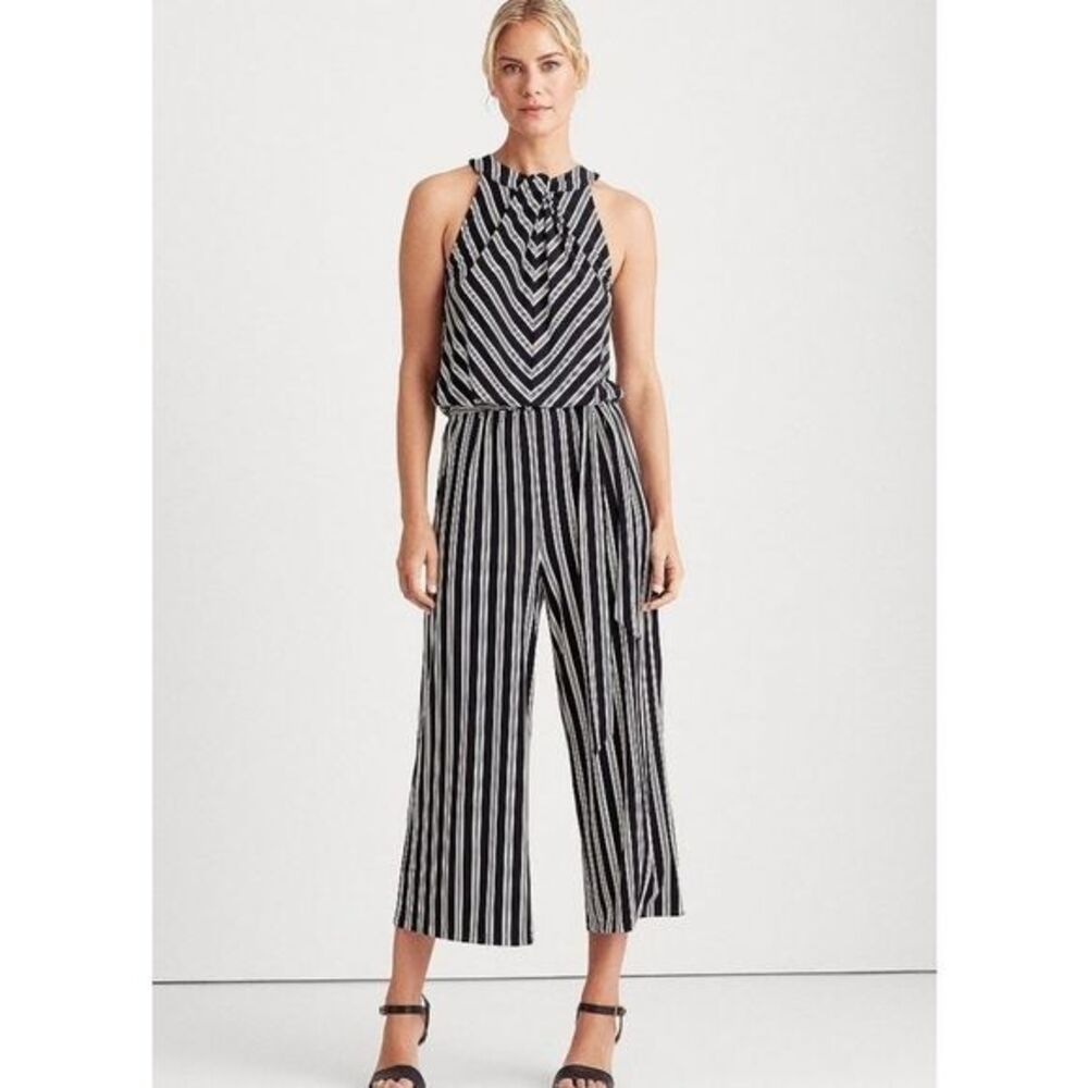 Lauren Ralph Lauren Navy White‎ Striped Halter Wide Leg Crop Jumpsuit Medium NEW
